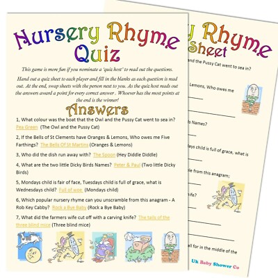 Baby Shower Game 10 Player Nursery Rhyme Quiz Unisexe Parti Neutre Garcon Fille Ebay