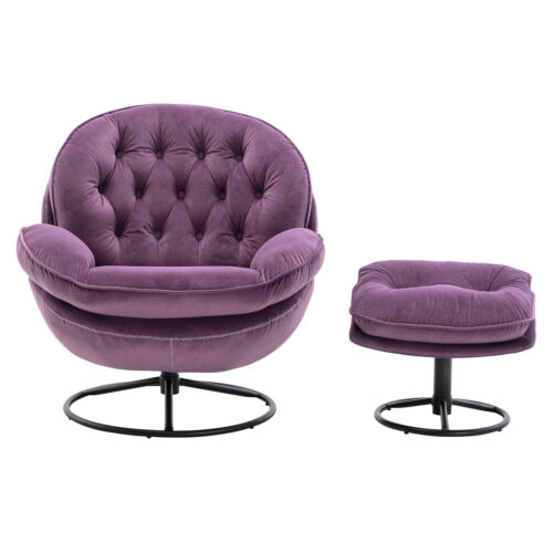 Velvet Swivel Accent Chair with Ottoman Set Armchair Sofa Lounge Chair Purple - Picture 6 of 12