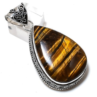 Natürlicher Tigerauge Edelstein Handarbeit 925 Sterlingsilber Anhänger 2,36'' Geschenk g549