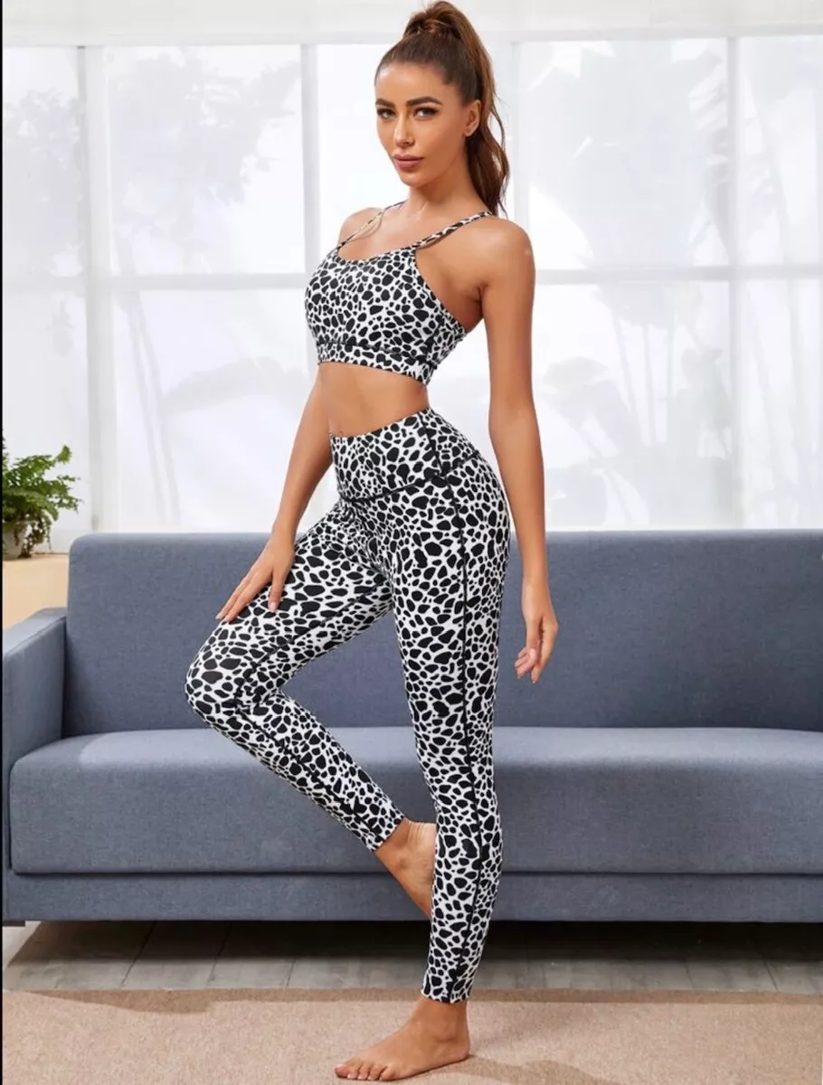 Cow Print Yoga Set Sport Bra w/ High Waist Legging Stretchy