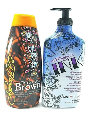 Ed hardy BUTTER ME BROWN Tanning DHA 10oz + INK MOISTURIZER 18.75 oz Gift set