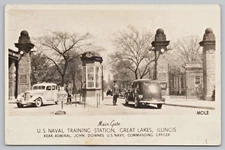 Main Gate US Naval Training Station Old Cars Great Lakes IL RPPC Postcard 1940s
