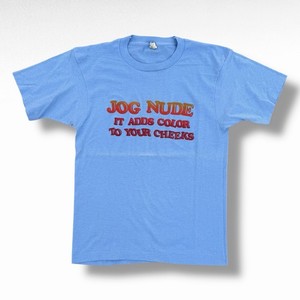 Vintage 80s Screen Stars Jog Nude T-Shirt Blue Size Medium Funny Novelty