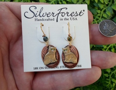 Vintage SILVER FOREST - CAT kitten - dangle pierced EARRINGS - handcrafted NOS