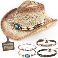 Straw Cowboy Hat Western Cowgirl Hat with Four Decorative Bands, Hat Size Beige