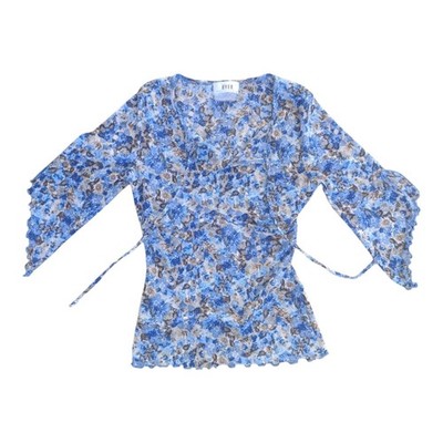 Byer California Blue Floral Blouse Sheer 3/4 Split Sleeve Boho Tie Neck Size L