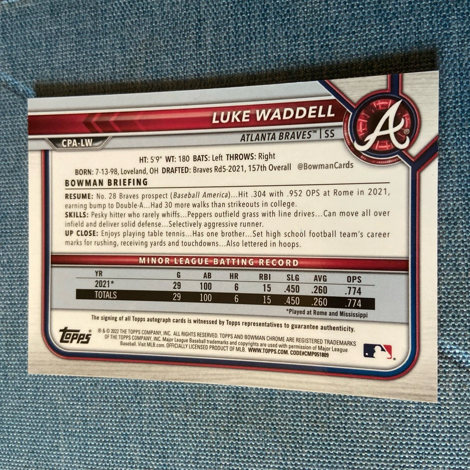 2022 Bowman - Chrome Prospect Autographs Luke Waddell #CPA-LW (AU, RC) - Image 3 of 3