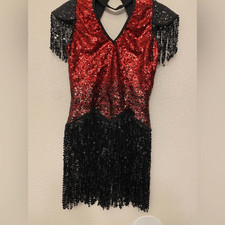 Glamour solo dance costume red fringe sequin flapper leotard dress MA adult