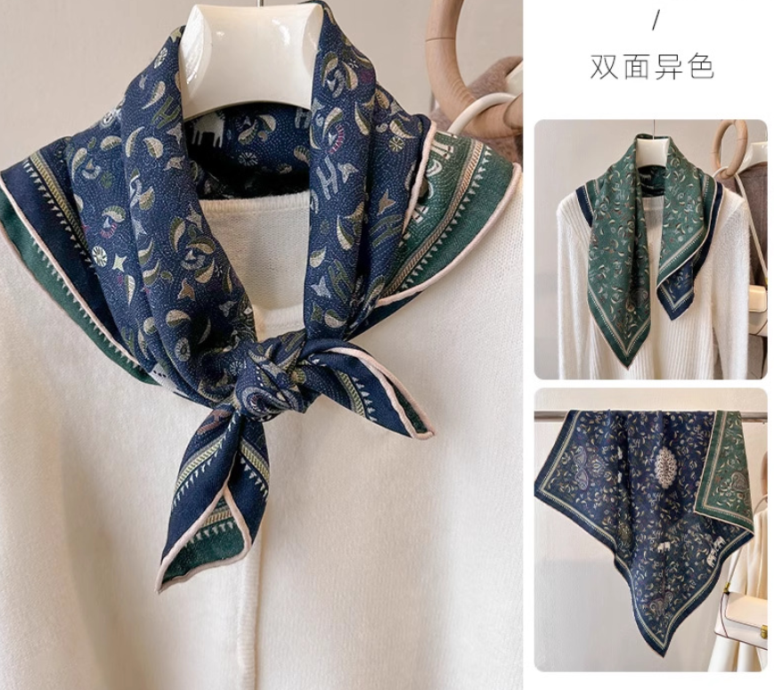 70% Cashmere 30% Silk Blue Feather Print Double Face Scarf Wrap 25 Inch