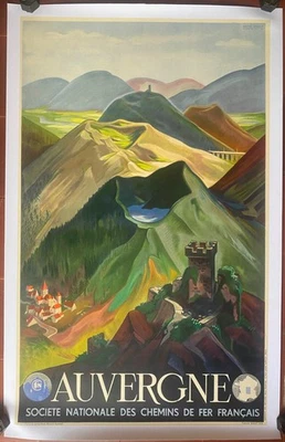 Affiche entoilée AUVERGNE Train SNCF Chemins de Fer ANDRE GIROUX 62x100cm 1938 - Photo 1/4