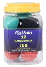 Python Variety Pack Racquetball Jug  12 Balls 3-Black,3-Blue,3-Red, 3-Green 