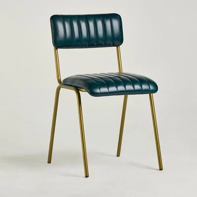 WSG Diner Dining Chair Teal Blue Genuine Leather Antique Brass Cut-out Frame