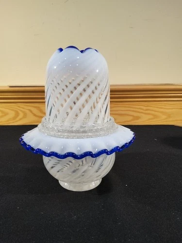 1985 Fenton 80th Anniversary Blue Ridge Fairy Lamp Light Cobalt Spiral Optic 3pc
