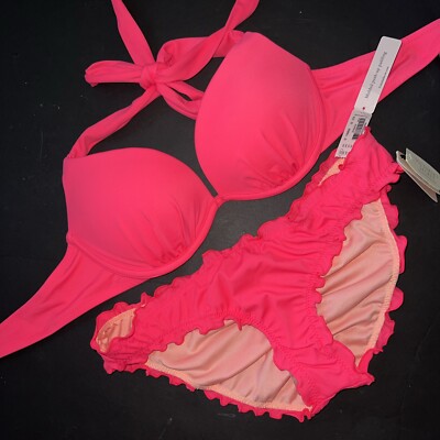 Victoria's Secret PUSH UP 32B BIKINI XS ruffle bottom coral NEON PINK