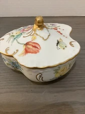 Porcelain Hand Painted Small Covered Dish Floral With Gold Trim