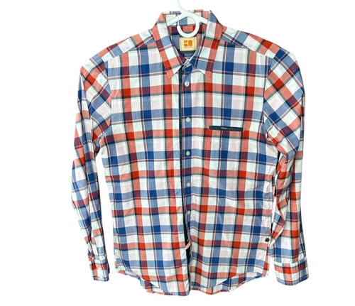 Camisa Hugo Boss Naranja Para Hombre Talla Mediana Manga Larga Azul Naranja Algodón A Cuadros - Imagen 2 de 10