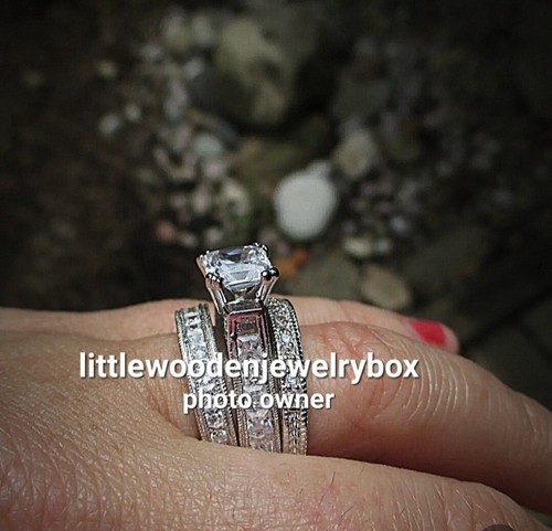 14k White Gold Sterling Princess Diamond cut Engagement Ring Wedding Set NEW - Picture 8 of 12