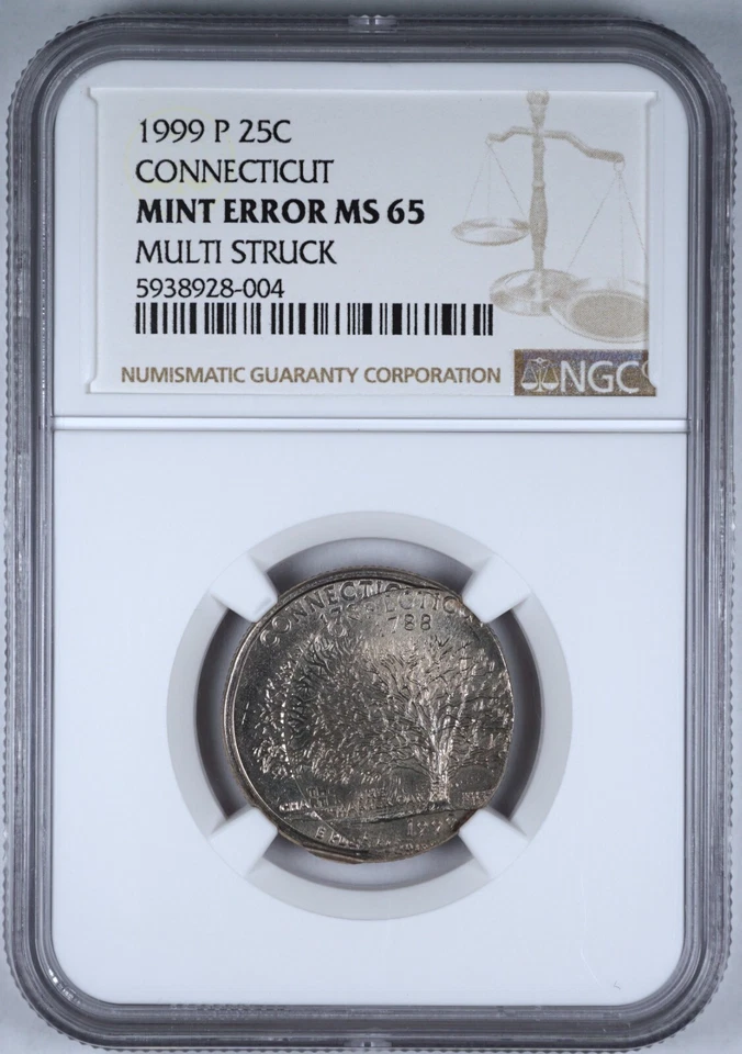 1999 25c Double Triple Multi Struck Connecticut Rare Mint Error Coin NGC MS65 - Image 2 of 4