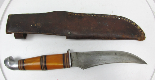 Vintage Western Auto USA 8533 Yellow Orange Fixed Blade Knife W/ Leather Sheath - Picture 5 of 12