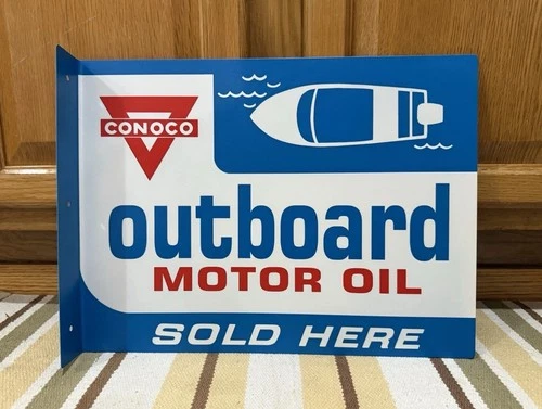 Conoco Outboard Motor Oil Sold Here Flange Sign Boat Vintage Style Wall Decor