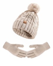 Winter Beanie Hat Gloves Set for Women, Pom Pom Fleece Lined Hat Knit Touchsc...