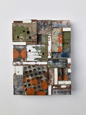 Abstract wood wall relief sculptural assemblage 8.5 x 11 signed modern art