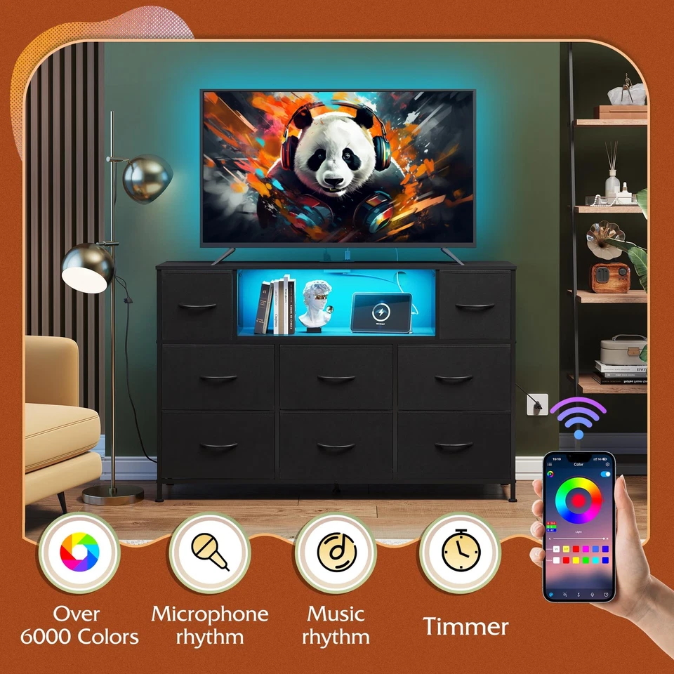 Suporte de TV preto para TV de 45, 50, 55 polegadas, centro de entretenimento com luzes LED e... - Imagem 3 de 4