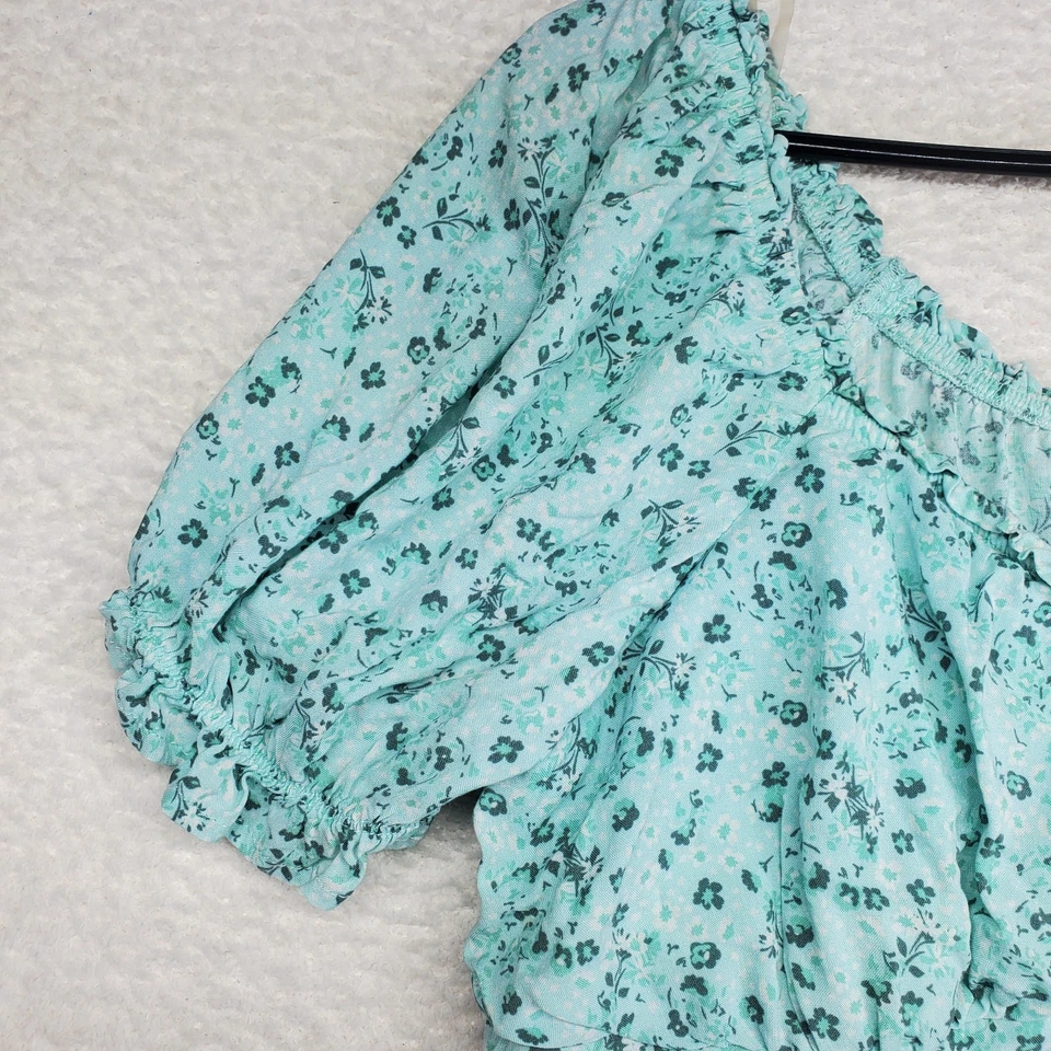 女士的娃娃上衣青少年 2XL 蓝绿色花卉加厚 Milkmaid 农民 Y2K — 第 2/4 张图片