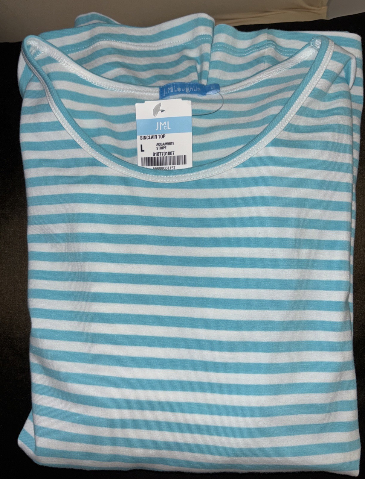 J McLaughlin Sinclair Top Tee In Blazer Stripe  Aqua & White Size L Orig $118