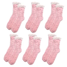 6 Pairs Girls Womens Pink Fuzzy Socks, Cozy  | 7 inch heal to toe | - New