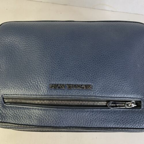 MK Michael Kors Crossbody Bag Blue Leather Black Chain Strap Front Zip Pocket - Picture 12 of 24