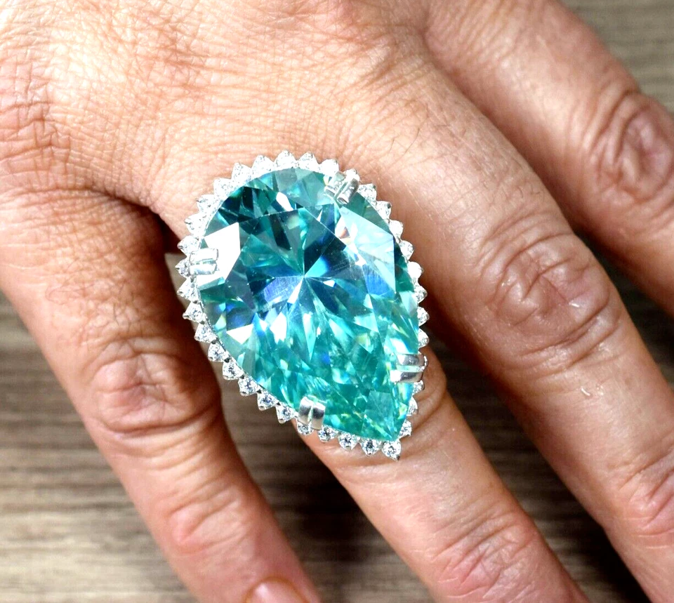 Anillo de diamantes azules en forma de pera certificado 27,20 quilates RARO - plata 925. ¡Gran brillo! Foto 3 de 4