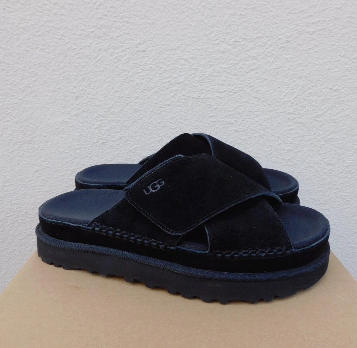 UGG SANDALI NERI GOLDENS PLATFORM CROSS SLIDE DONNA US 11 EUR 42 ~NUOVI CON SCATOLA