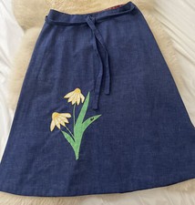 VTG 70s Lined Denim Chambray Wrap Around Skirt Calico Daisy Flower Applique S/M