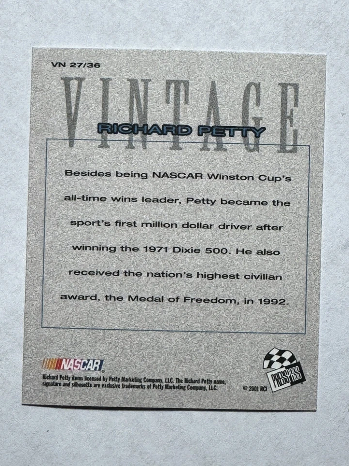 HOF'er RICHARD PETTY 2002 Press Pass VINTAGE INSERT Racing Card #VN 27/36 - Image 2 of 2