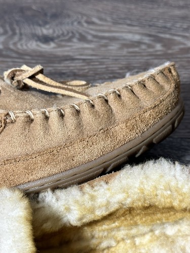 LL Bean Moccasins Mens Light Brown Suede Dyed Lambs Fur Slippers Size 9M - Picture 19 of 20