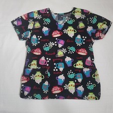 Zoe Chloe Black Medical Scrub Top Coffee Cups Hearts Red Blue Green Purple Pink