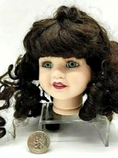 Porcelain Doll Head Brown Hair in Ringlets Green Eyes W/Lashes Red Lips 4" Tall