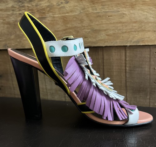 Zapatos de salón para mujer Just Cavalli coloridos tacones de bloque con flecos talla 38 hebilla dorada *RAROS* - Imagen 5 de 19