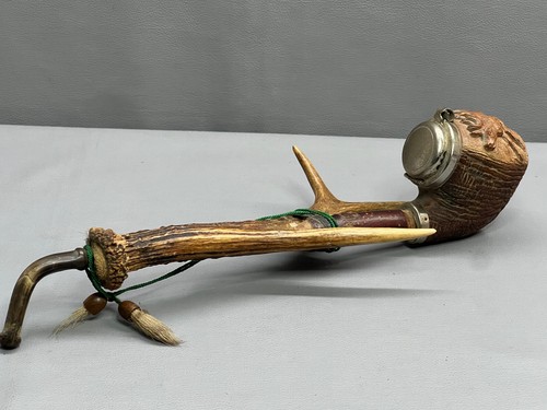Antique German Red Point Old Briar Hunting Pipe Horn and Hand Carved Wood Deer - 第 6/11 張圖片