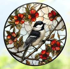 Chickadee Bird on Branch WINDOW CLING Size 8" Round Repositionable Vinyl