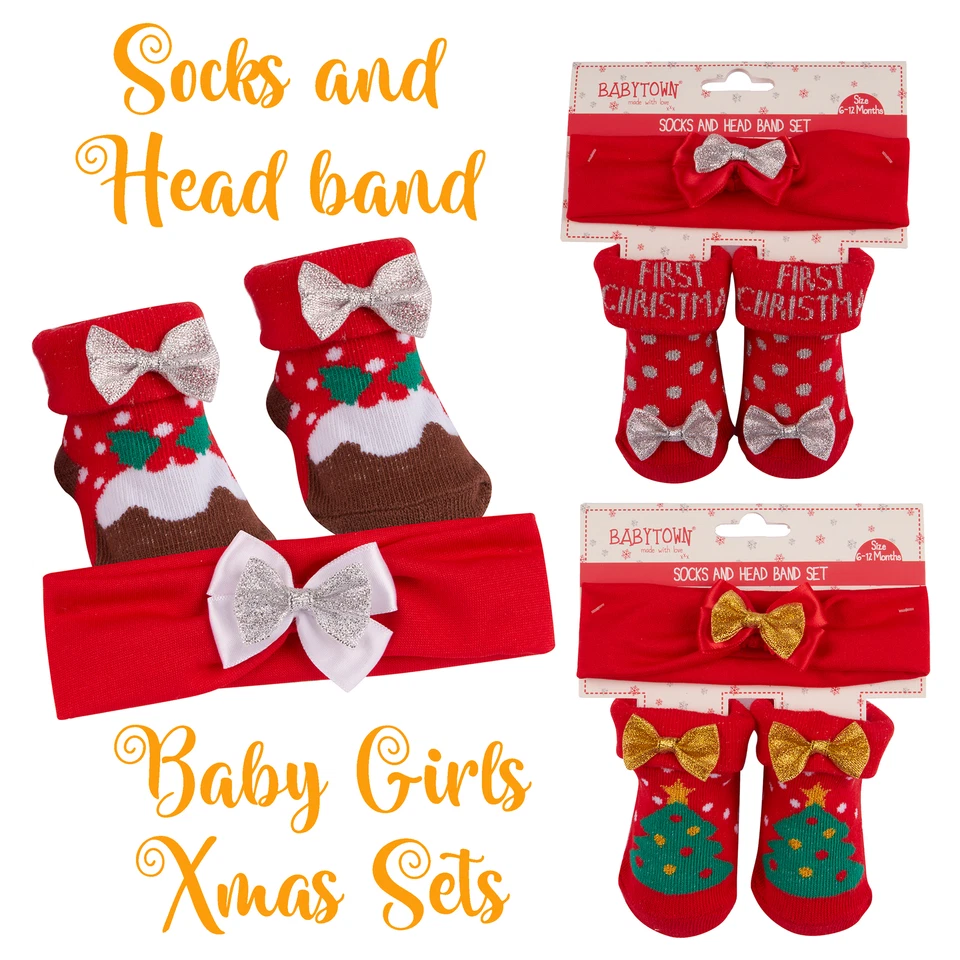 BABYTOWN Baby Girls Christmas Outfits Socks and Headbands Gift Sets 0-12 Months UK Sale