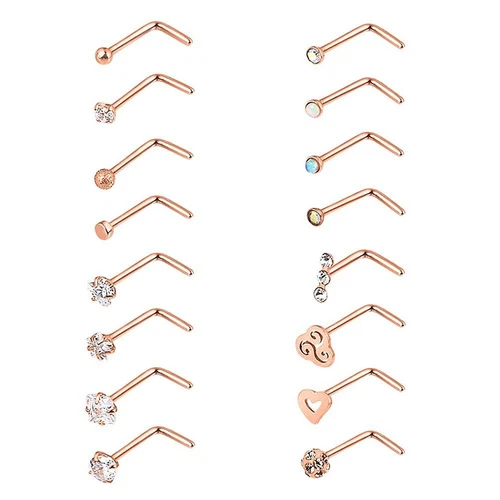 16pcs CZ Surgical Steel Nose Rings L Shaped Studs Body Piercing Jewelry Set 20G