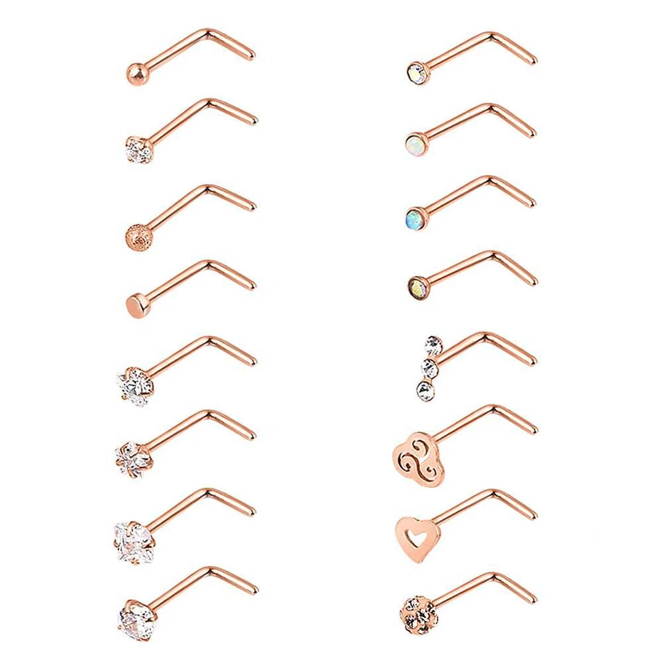 16pcs/lot CZ Surgical Steel Nose Rings L Shaped Stud Body Piercing Jewelry 20G - Image 2 of 4