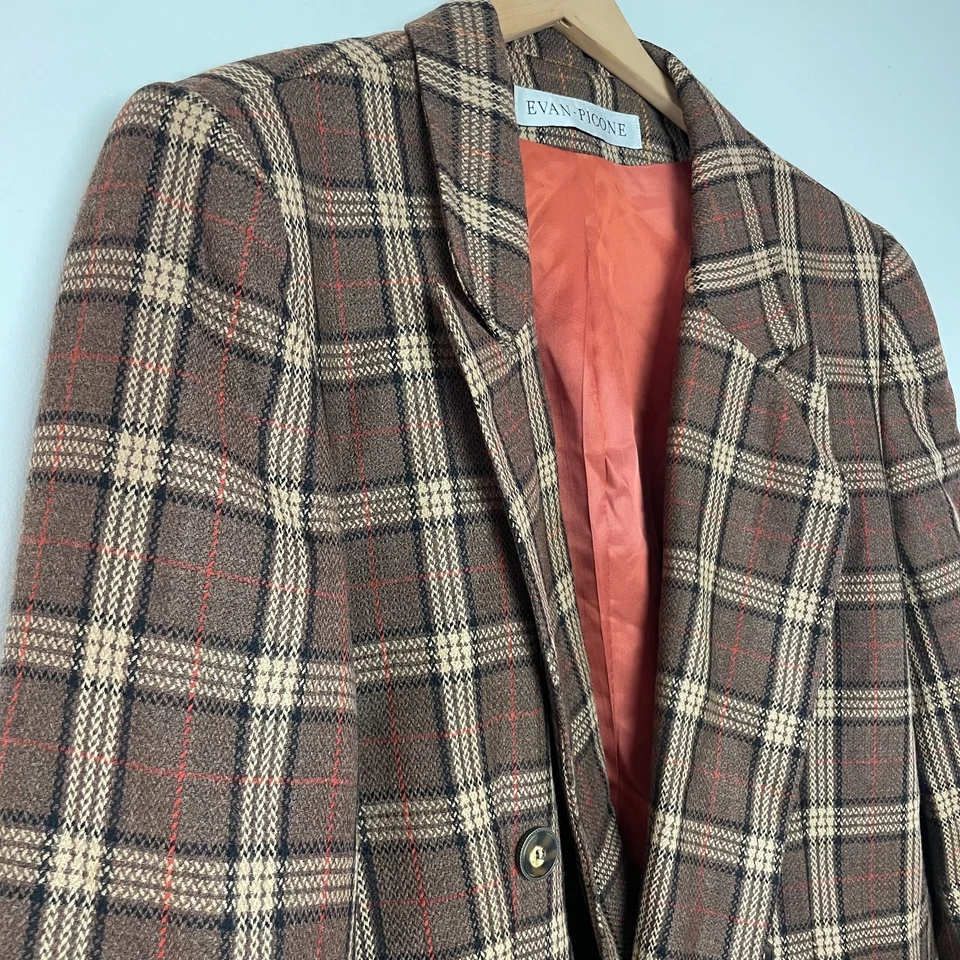 Vintage 90s Brown Plaid Wool Dark Academia Old Money Preppy Blazer Jacket L/XL - Image 2 of 4