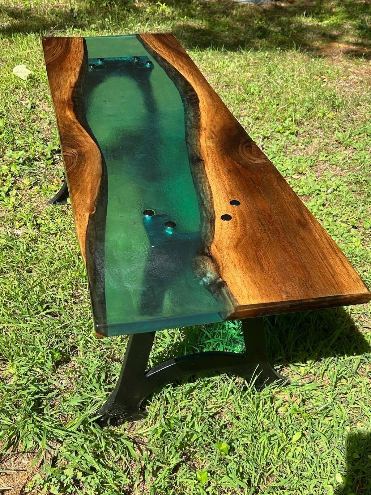 Handcrafted Black Walnut River Coffee Table with Cast Iron Legs 47