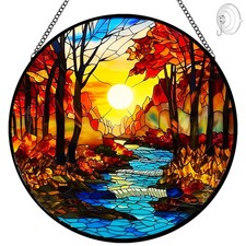 Sunrise Tree and River Landscape Stained Glass Suncatcher for Window Hanging ...