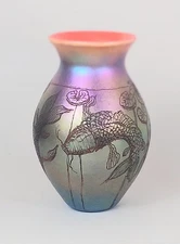 Carl Radke, Phoenix Studios Favrile Glass With A Carved Koi Fish Pattern.