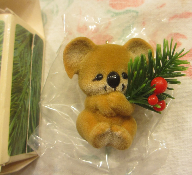 1983 Hallmark Christmas Koala Flocked Christmas Ornament in box.