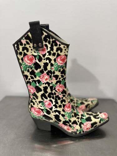 Nomad Rubber Rain Boots Cowgirl Western Pointed Toe Black Size 9 Paisley Floral